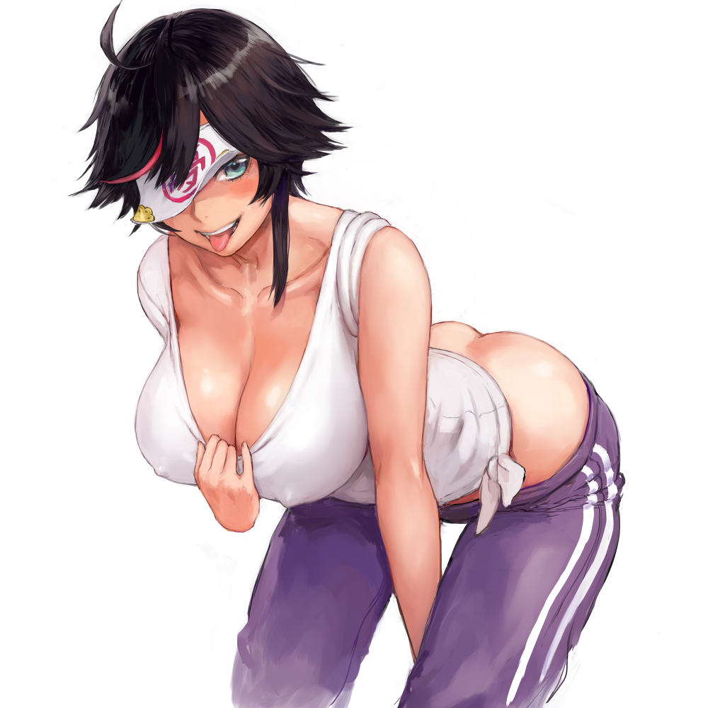 ahoge ass bare_shoulders bent_over black_hair blue_eyes blush breasts collarbone commentary_request covered_nipples covering_eyes hanging_breasts large_breasts leaning_forward looking_at_viewer minori_yumeko minori_yumeko_(character) multicolored_hair ofuda one_eye_covered open_mouth pants purple_pants short_hair shu-mai streaked_hair tongue tongue_out track_pants virtual_youtuber white_tank_top