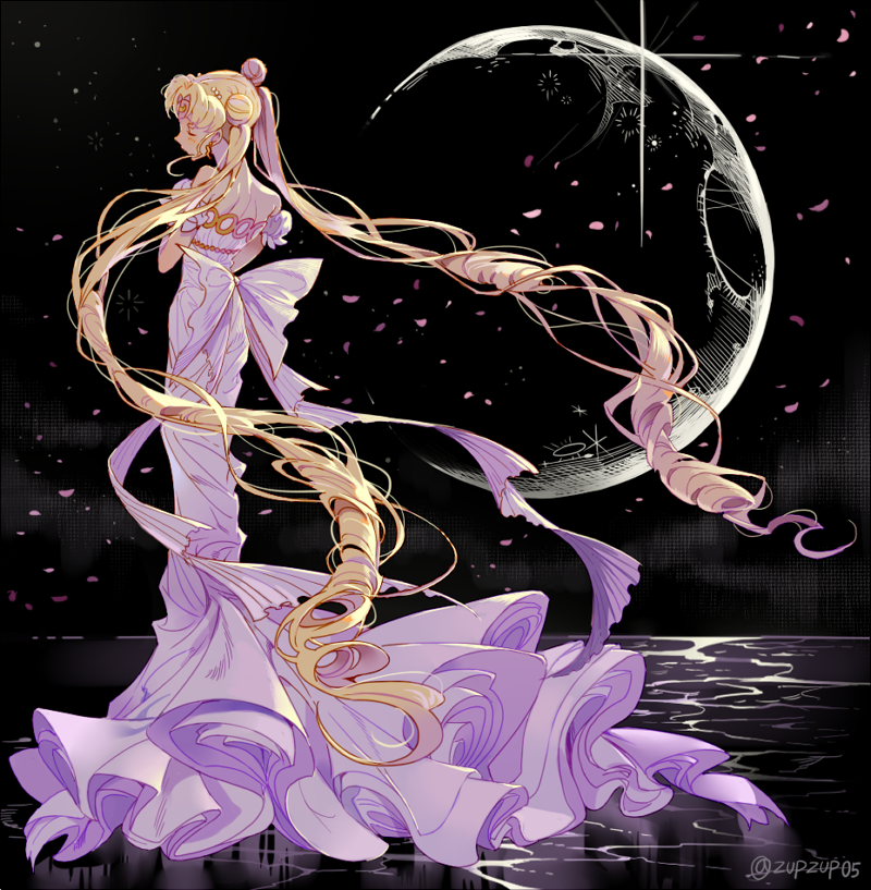 back_bow bare_shoulders bishoujo_senshi_sailor_moon black_background blonde_hair bow closed_eyes double_bun dress facial_mark forehead_mark full_body inzup moon nape petals princess_serenity shoulder_blades solo standing strapless strapless_dress tsukino_usagi twintails twitter_username white_bow white_dress