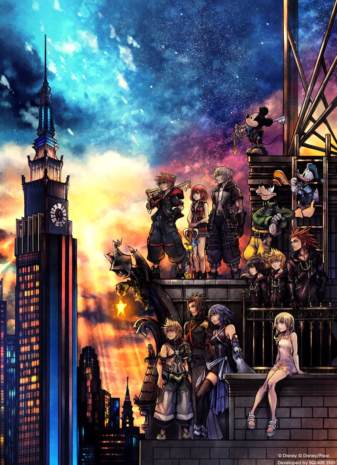 6+boys against_wall animal_ears aqua_(kingdom_hearts) axel_(kingdom_hearts) black_coat black_coat_(kingdom_hearts) black_hair blonde_hair blue_eyes building city clock clock_tower coat commentary detached_sleeves disney donald_duck dress gargoyle goofy hat highres hood hoodie kairi_(kingdom_hearts) keyblade kingdom_hearts kingdom_hearts_iii ladder looking_to_the_side mickey_mouse mouse_ears mouse_tail multiple_boys multiple_girls namine nomura_tetsuya official_art over_shoulder red_hair riku roxas serious short_dress sitting skyscraper smile sora_(kingdom_hearts) spiked_hair square_enix standing strap tail terra_(kingdom_hearts) tower twilight ventus weapon weapon_over_shoulder xion_(kingdom_hearts)