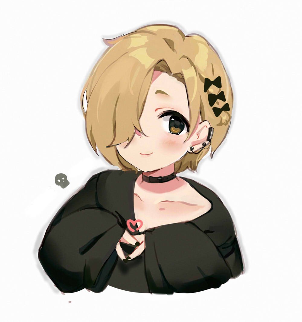 alternate_hairstyle black_bow black_nails blonde_hair blush bow braid brown_eyes collar collarbone commentary cropped_torso ear_piercing earrings fingers_together hair_bow hair_over_one_eye hood hoodie idolmaster idolmaster_cinderella_girls jewelry looking_at_viewer nail_polish piercing shirasaka_koume short_hair side_braid simple_background sketch skull sleeves_past_wrists smile solo tomato_omurice_melon white_background
