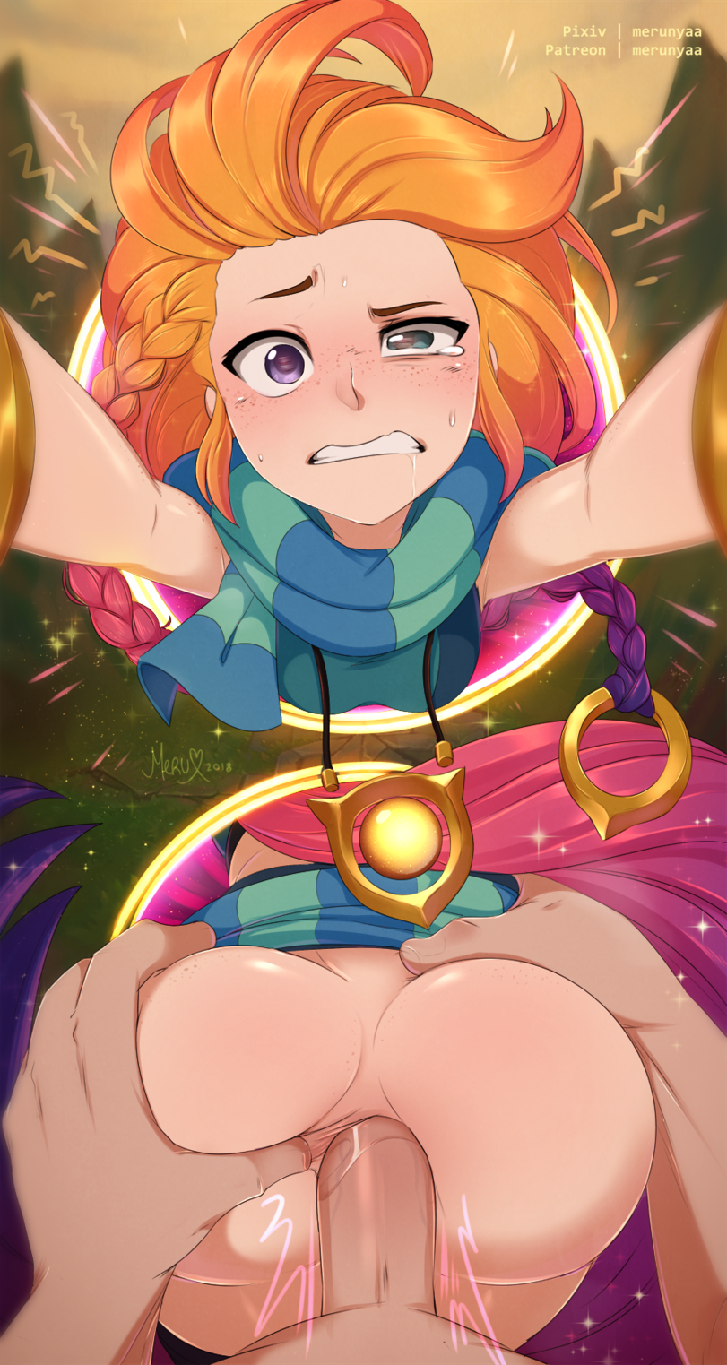 1boy 1girl anal anus armlet ass ass_grab breasts female freckles hair_ornament heterochromia jewelry league_of_legends long_hair merunyaa multicolored_hair necklace orange_hair penis portal_(object) sex small_breasts sparkle spread_anus spread_ass uncensored zoe_(league_of_legends)