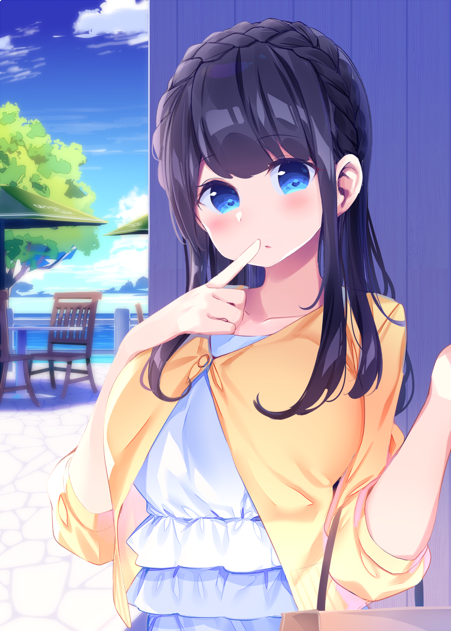 bag bangs black_hair blue_eyes blue_sky blush braid chair chikuwa. cloud collarbone commentary crown_braid day dress eyebrows_visible_through_hair finger_to_mouth hands_up head_tilt highres jacket long_hair looking_at_viewer ocean original outdoors parasol parted_lips short_sleeves sky solo table tree umbrella water white_dress yellow_jacket