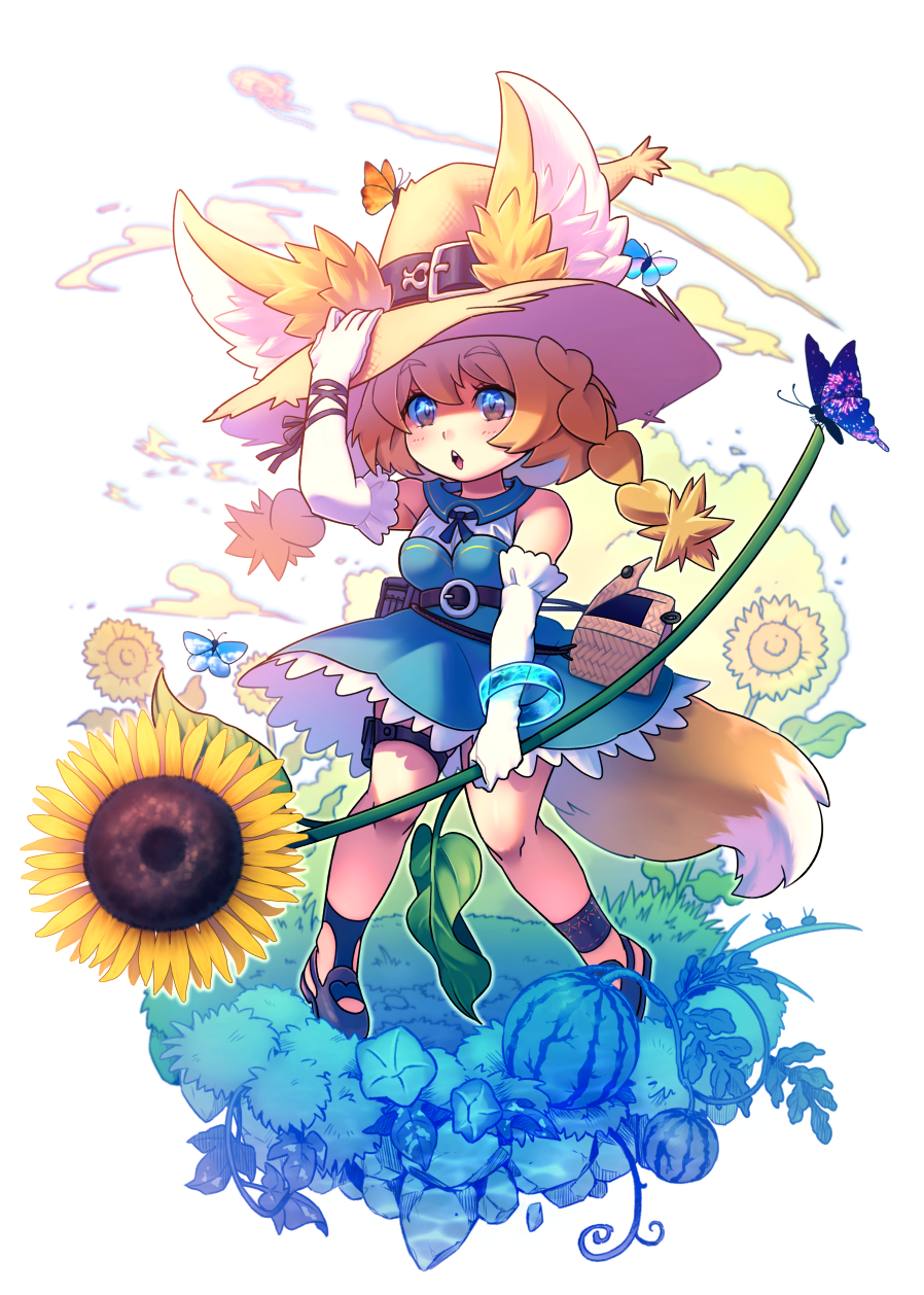 abiko_yuuji animal_ear_fluff animal_ears bangs bare_shoulders blonde_hair blue_dress bracelet brown_eyes bug butterfly dress elbow_gloves eyebrows_visible_through_hair flower food fox_ears fox_girl fox_tail fruit full_body gloves grass hat hat_belt highres holding holding_flower insect jewelry legs_apart long_hair open_mouth original solo standing summer sunflower tail teeth thigh_strap watermelon white_background white_gloves yellow_flower yellow_hat