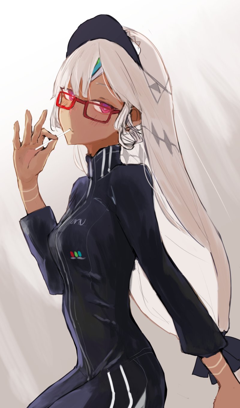 altera_(fate) alternate_costume aruto2498 bangs black_dress blunt_bangs breasts closed_mouth dark_skin dress fate/grand_order fate_(series) food food_in_mouth glasses headdress heroic_spirit_traveling_outfit high_collar highres holding holding_food long_sleeves looking_at_viewer red-framed_eyewear red_eyes short_hair simple_background small_breasts solo tan tattoo veil visor_cap white_hair