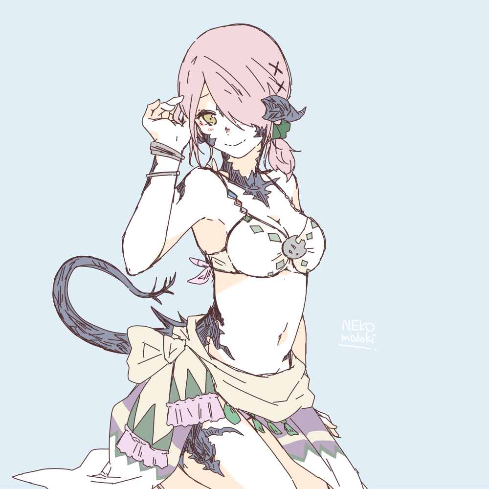 armpits au_ra bikini blue_background bracelet breasts cleavage dragon_horns dragon_tail final_fantasy final_fantasy_xiv flat_color hair_over_one_eye horns jewelry kneeling lili_mdoki looking_at_viewer medium_breasts red_hair sarong scales short_hair signature sketch smile solo swimsuit tail yellow_eyes