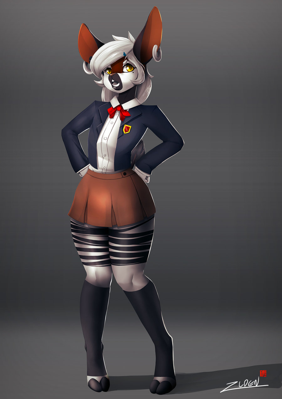 2016 annoyed anthro beauty_mark better_version_at_source biped black_body black_hooves black_stripes bow_tie brown_body clothing cloven_hooves digital_drawing_(artwork) digital_media_(artwork) dress_shirt ear_piercing eyelashes female flat_chested front_view frown full-length_portrait giraffid grey_background grey_tongue hair hairclip hands_on_hips hooves jacket knock_kneed lighting looking_aside looking_away mammal markings mole_(marking) multicolored_body okapi open_clothing open_frown open_jacket open_mouth piercing portrait school_uniform shadow shirt simple_background skirt socks_(marking) solo standing striped_body stripes uniform white_body white_hair white_stripes yellow_eyes zlden