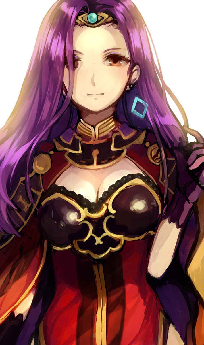 bangs black_gloves breasts brown_eyes brown_hair cape cleavage closed_mouth commentary_request dress earrings fire_emblem fire_emblem_echoes:_mou_hitori_no_eiyuuou forehead gloves hair_over_one_eye hand_up jewelry jurge long_hair medium_breasts parted_bangs purple_gloves purple_hair red_cape red_dress simple_background solo sonia_(fire_emblem_gaiden) tiara upper_body very_long_hair white_background