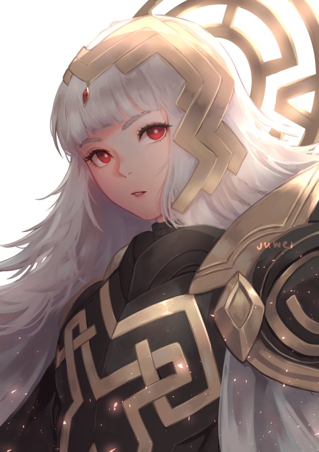 armor bangs commentary crown english_commentary fire_emblem fire_emblem_heroes hair_ornament juwei long_hair looking_at_viewer parted_lips red_eyes shoulder_armor solo veronica_(fire_emblem) white_hair