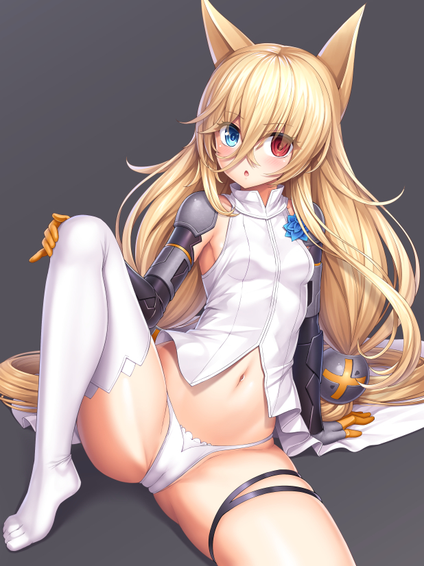 animal_ears arm_support blonde_hair blue_eyes blush breasts cameltoe commentary_request eyebrows_visible_through_hair eyes_visible_through_hair g41_(girls_frontline) girls_frontline grey_background hair_between_eyes heterochromia lambda_(kusowarota) long_hair looking_at_viewer low-tied_long_hair navel panties red_eyes shirt simple_background single_thighhigh sitting sleeveless small_breasts solo spread_legs thighhighs twintails underwear very_long_hair white_legwear white_panties white_shirt