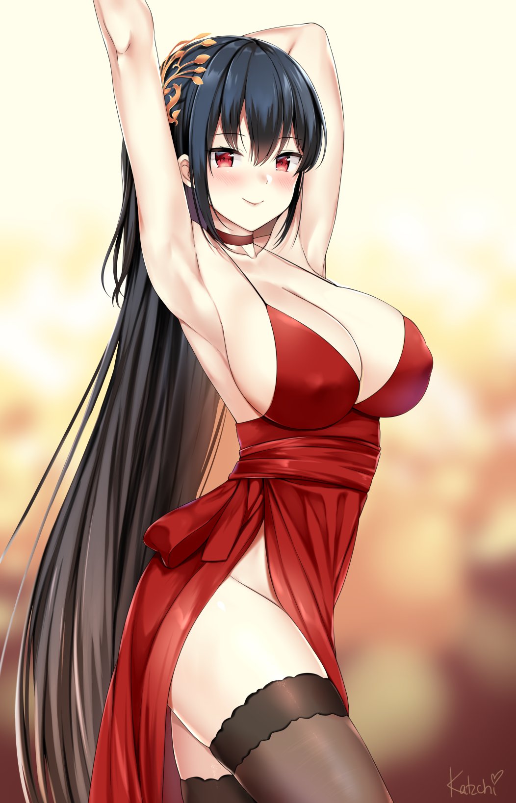 arm_behind_head arm_up armpits arms_up azur_lane bangs bare_shoulders black_hair blurry blurry_background blush breasts brown_legwear choker cleavage closed_mouth cocktail_dress collarbone commentary_request covered_nipples depth_of_field dress eyebrows_visible_through_hair hair_between_eyes hair_ornament heart highres kaetzchen large_breasts long_hair looking_at_viewer pelvic_curtain red_choker red_dress red_eyes signature sleeveless sleeveless_dress smile solo standing taihou_(azur_lane) thighhighs very_long_hair