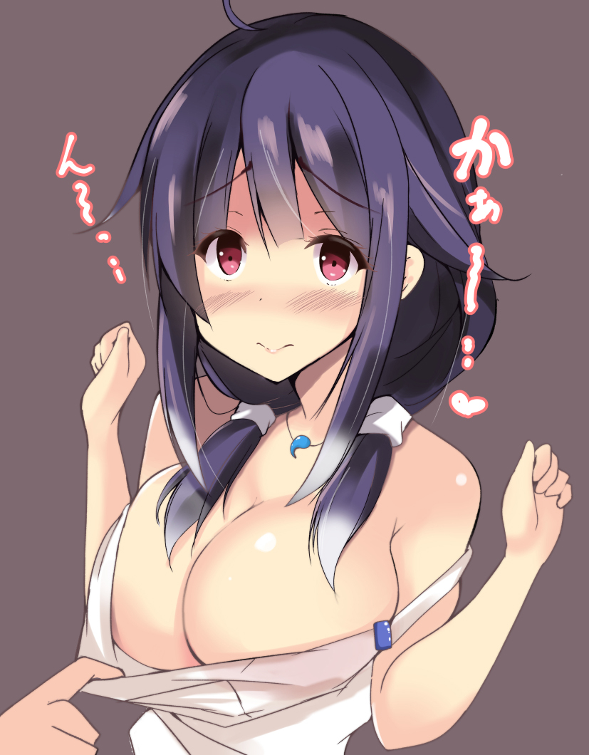 1girl 3: ahoge assisted_exposure bangs blush breasts cleavage clenched_hands closed_mouth commentary_request dot_nose eyebrows_visible_through_hair eyelashes eyes_visible_through_hair furrowed_eyebrows hair_flaps hair_over_shoulder hands_up hetero jewelry kantai_collection large_breasts long_hair looking_at_viewer low_twintails magatama magatama_necklace necklace pov pov_hands purple_hair purunyara red_eyes shiny shiny_hair short_twintails solo_focus taigei_(kantai_collection) translated twintails upper_body w_arms