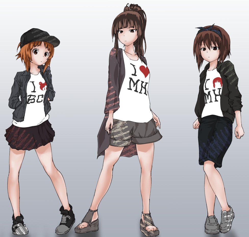 alternate_hairstyle animal_print baseball_cap bear_print black_footwear black_hairband black_hat black_jacket black_skirt brown_eyes brown_hair casual closed_mouth clothes_writing commentary english girls_und_panzer goripan gradient gradient_background grey_background grey_footwear grey_jacket grey_shorts hairband hands_in_pockets hat heart heart_print i_heart... jacket light_frown miniskirt mother_and_daughter multiple_girls nishizumi_maho nishizumi_miho nishizumi_shiho no_legwear pleated_skirt ponytail print_shirt sandals shirt shoes shorts siblings sisters skirt sneakers white_shirt