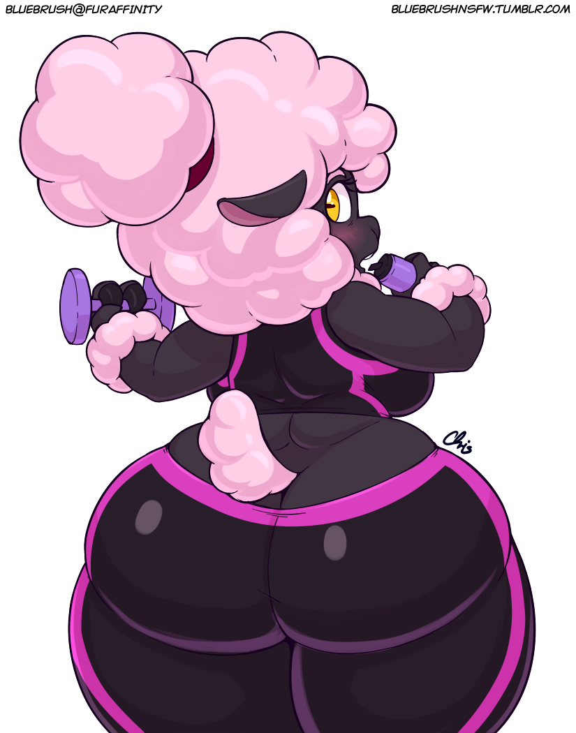 2018 anthro big_butt blush breasts butt caprine clothed clothing digital_media_(artwork) dumbbell female hair horizontal_pupils huge_hips looking_back mammal nekocrispy pink_hair rear_view sheep sheep_mom short_stack side_boob signature simple_background solo thick_thighs url voluptuous weights white_background wide_hips yellow_eyes