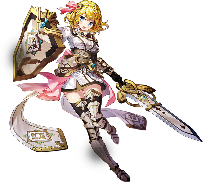 :d armor black_gloves blonde_hair blue_eyes bow braid full_body gem gloves greaves hair_bow jeanne_(teria_saga) looking_at_viewer official_art open_mouth pink_bow shield short_hair skirt smile solo sword teria_saga transparent_background weapon white_skirt