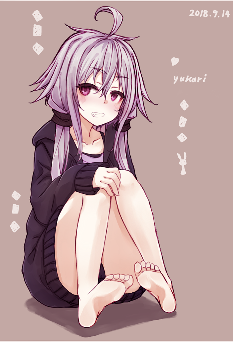 ahoge artist_name bangs bare_legs barefoot black_jacket blush character_name collarbone dated eyebrows_visible_through_hair grin hachikuji hair_between_eyes heart hood hood_down hooded_jacket jacket knees_together_feet_apart long_hair long_sleeves low_twintails open_clothes open_jacket purple_eyes purple_hair sitting sleeves_past_wrists smile solo teeth twintails vocaloid voiceroid yuzuki_yukari