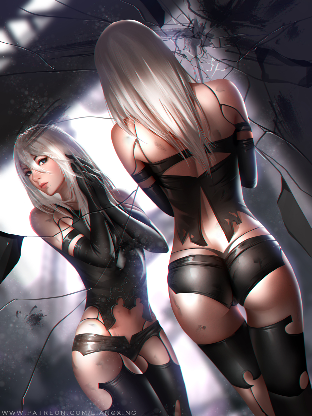 android arm_strap ass asymmetrical_legwear black_gloves black_shorts blue_eyes breasts broken_mirror closed_mouth dutch_angle elbow_gloves gloves hair_between_eyes highres large_breasts liang_xing lips long_hair mole mole_under_mouth navel nier_(series) nier_automata patreon_username reflection robot_joints short_shorts shorts silver_hair single_thighhigh solo standing tank_top thigh_gap thighhighs watermark web_address yorha_type_a_no._2