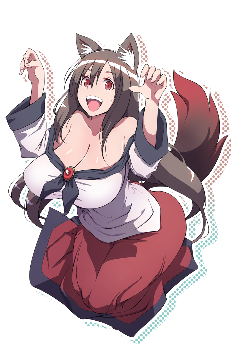 :d animal_ear_fluff animal_ears bare_shoulders breasts brooch brown_hair claw_pose cleavage commentary_request fingernails full_body hair_between_eyes hands_up highres huge_breasts imaizumi_kagerou jewelry long_hair long_skirt long_sleeves looking_at_viewer off-shoulder_shirt open_mouth otoufu_(wddkq314band) perky_breasts red_eyes seiza shirt sitting skirt smile solo tail touhou very_long_hair wide_sleeves wolf_ears wolf_tail
