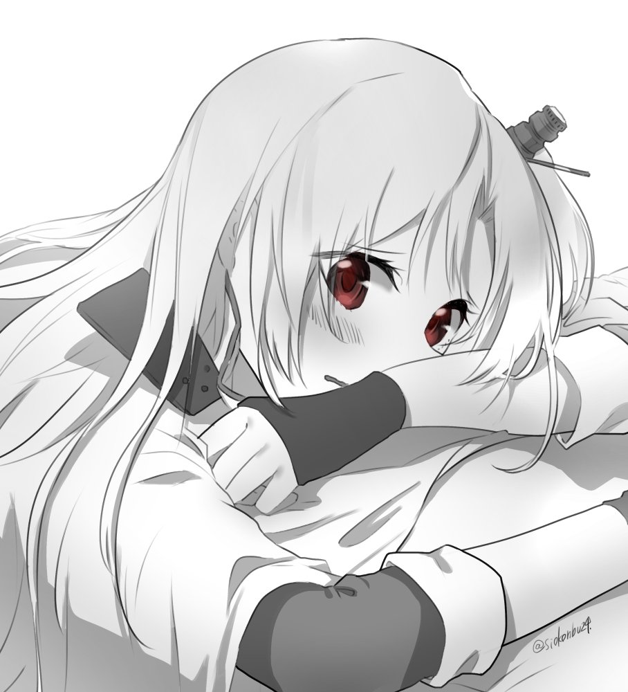 arm_rest azur_lane bangs blush cape cleveland_(azur_lane) eyebrows_visible_through_hair fingerless_gloves gloves greyscale hair_ornament head_rest karinto_yamada long_hair long_sleeves looking_at_viewer monochrome parted_lips red_eyes simple_background solo spot_color wavy_mouth white_background