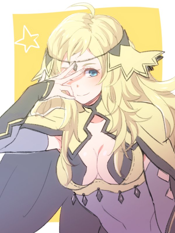 ahoge blonde_hair blue_eyes breasts cape center_opening circlet cleavage closed_mouth commentary_request fire_emblem fire_emblem_if gloves long_hair medium_breasts one_eye_closed ophelia_(fire_emblem_if) smile solo zbrk