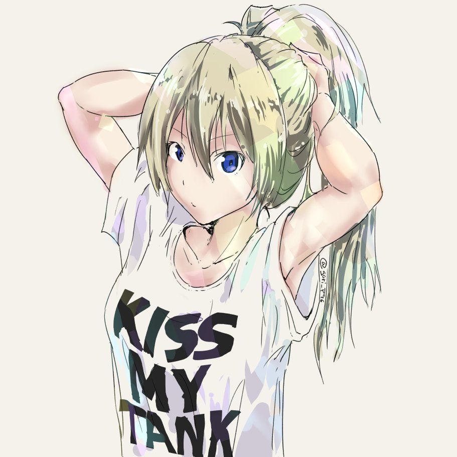 adjusting_hair alternate_hairstyle arms_up bangs blonde_hair blue_eyes casual clothes_writing commentary darjeeling english girls_und_panzer goripan hair_down long_hair shirt short_sleeves simple_background solo t-shirt twitter_username white_background white_shirt
