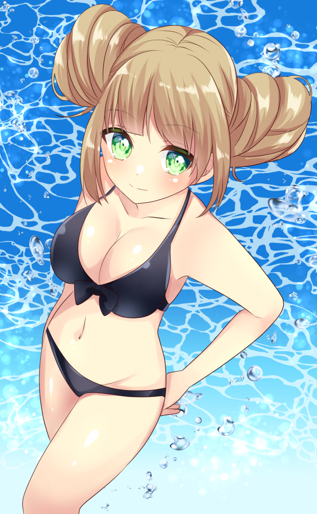 bare_arms bare_shoulders bikini black_bikini blush closed_mouth collarbone commentary_request double_bun from_above front-tie_bikini front-tie_top green_eyes groin light_brown_hair light_smile looking_at_viewer looking_up misaki_(misaki86) navel original side_bun sidelocks solo standing swimsuit water