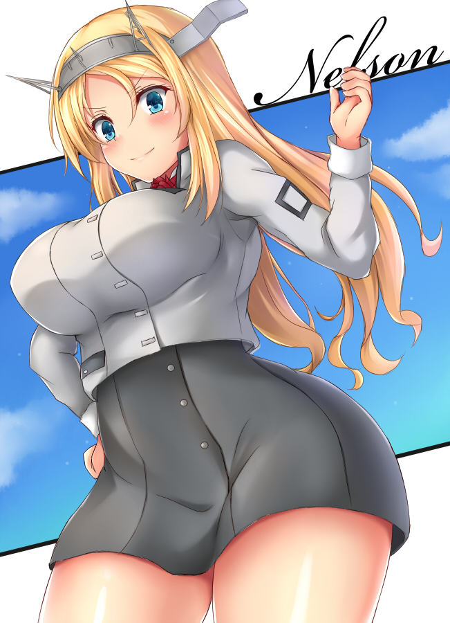 black_skirt blonde_hair blue_eyes blush breasts character_name closed_mouth commentary_request eyebrows_visible_through_hair grey_jacket hair_between_eyes hand_on_hip headgear jacket kantai_collection large_breasts long_hair long_sleeves military military_uniform miniskirt nelson_(kantai_collection) piyobomu red_neckwear skirt smile solo uniform