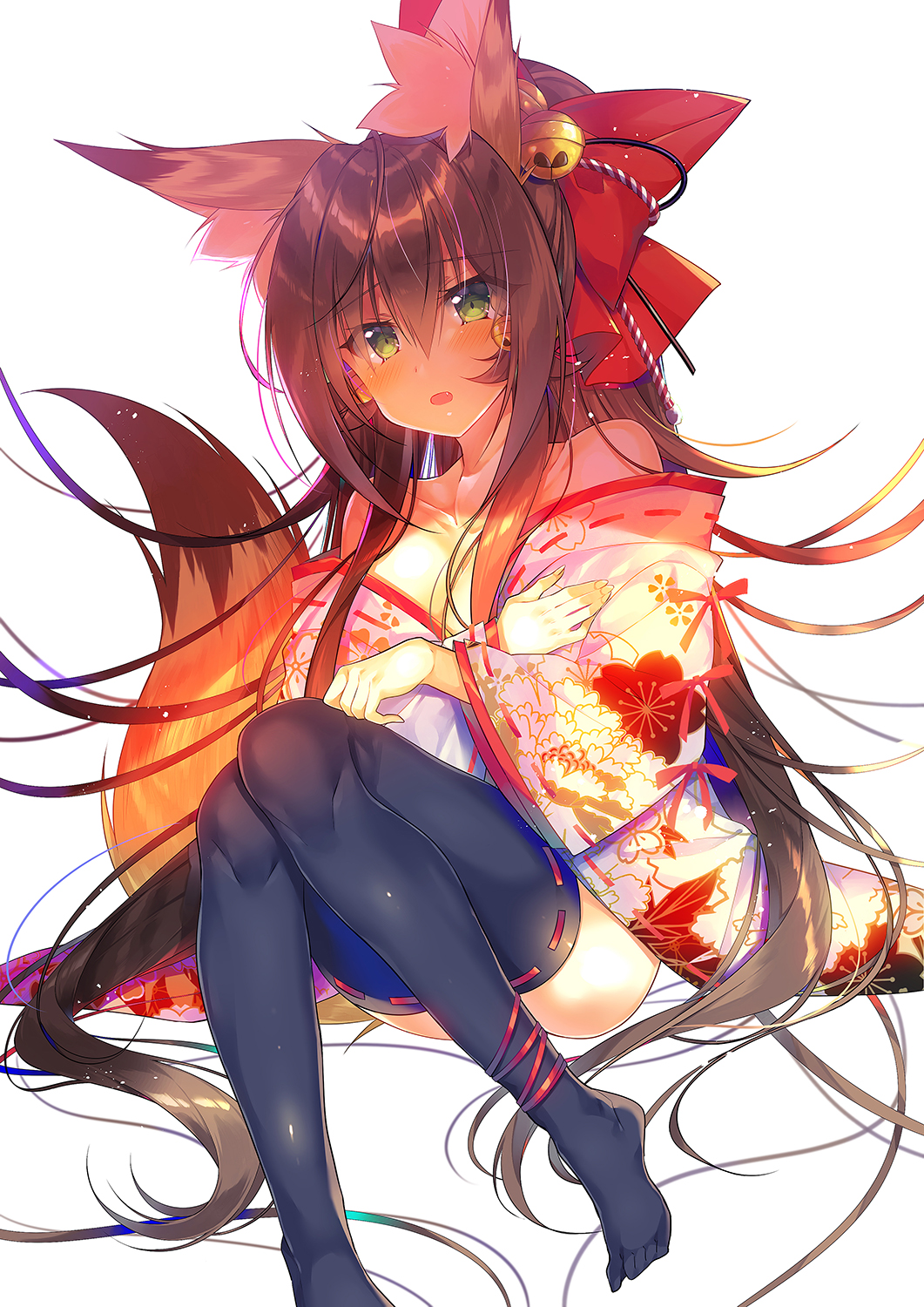 animal_ear_fluff animal_ears bangs bell black_legwear blush bow brown_hair commentary_request eyebrows_visible_through_hair fang fingernails floral_print fox_ears fox_girl fox_tail green_eyes hair_bell hair_between_eyes hair_bow hair_ornament head_tilt highres japanese_clothes jingle_bell kimono long_hair long_sleeves looking_at_viewer monaka_natsume no_shoes off_shoulder original parted_lips print_kimono red_bow ribbon-trimmed_legwear ribbon_trim short_kimono simple_background sitting solo tail tail_raised tan thighhighs very_long_hair white_background white_kimono wide_sleeves