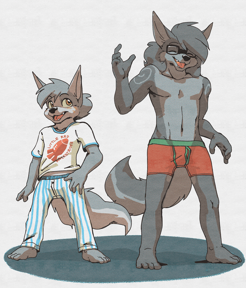 alex_(harmarist) anthro boxers_(clothing) brothers brown_eyes canine clothing cub duo eyes_closed eyewear fur glasses grey_fur harmarist male mammal navel open_mouth pajamas sibling simple_background standing teenager underwear will_(harmarist) wolf young