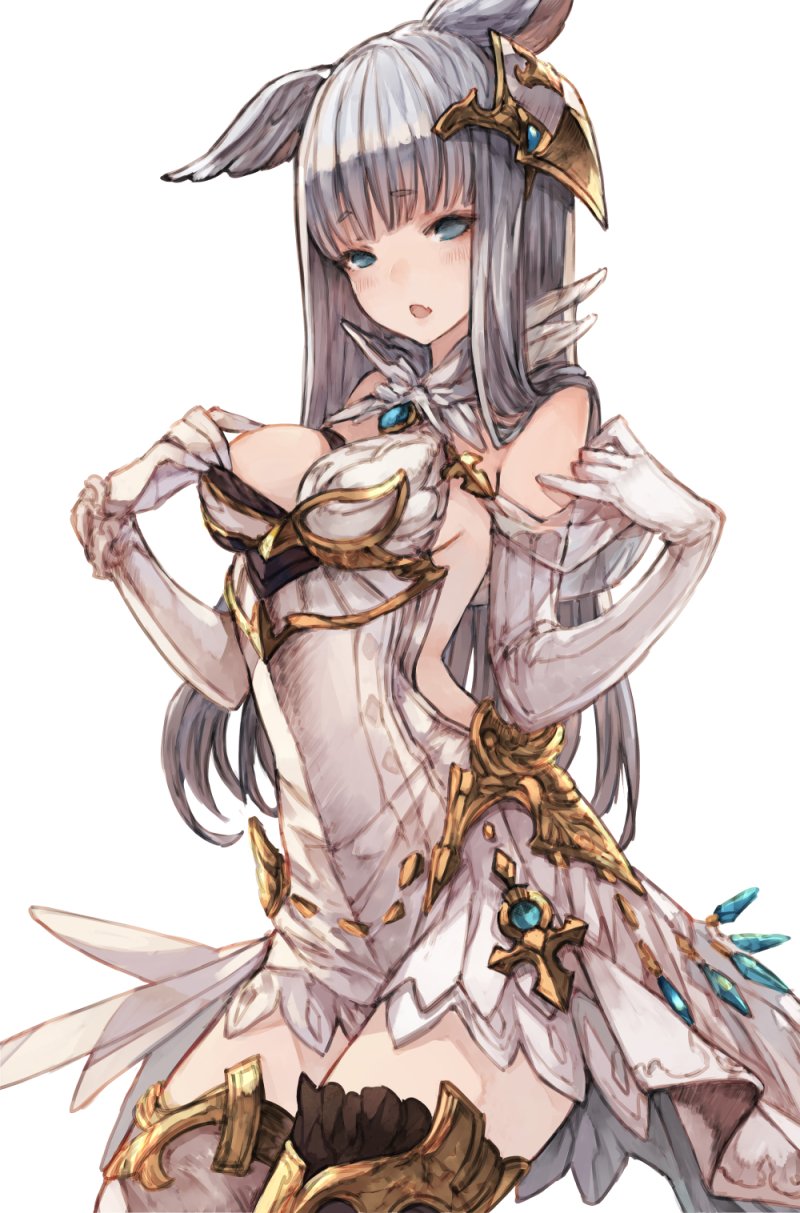 animal_ears bangs blue_eyes blunt_bangs blush breasts chobi_(sakuyasakuhana) commentary cowboy_shot detached_collar dress elbow_gloves erune eyebrows_visible_through_hair fang fantasy gem gloves gold_trim granblue_fantasy hair_ornament hand_on_own_chest hands_up highres korwa long_hair looking_at_viewer medium_breasts open_mouth silver_hair simple_background sleeveless sleeveless_dress solo standing thighhighs white_background white_gloves