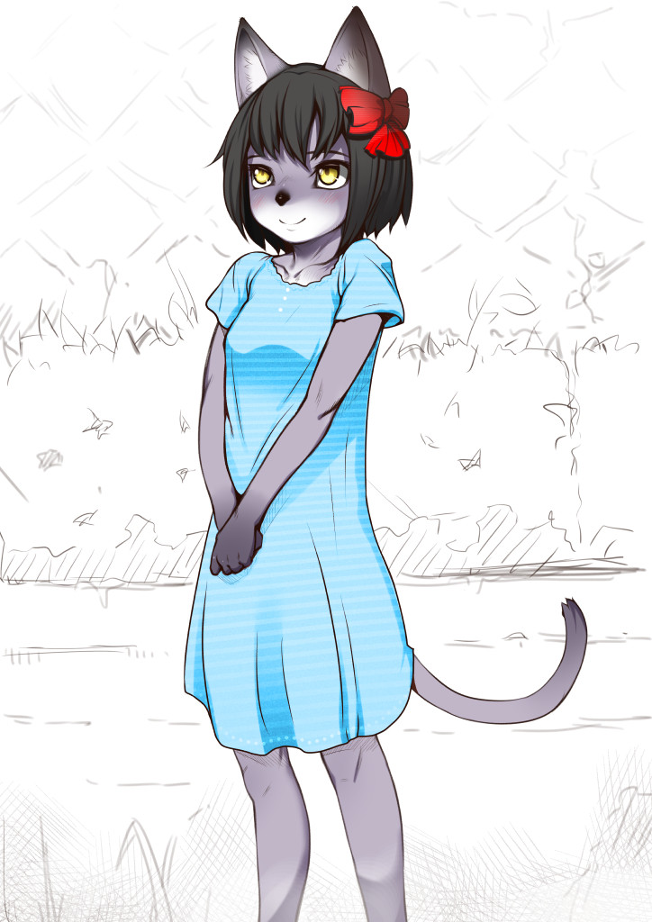 2018 anthro black_hair blush cat clothed clothing cub dress feline female fur grey_fur hair hair_bow hair_ribbon j7w mammal ribbons rorikemo short_hair smile solo standing yellow_eyes young