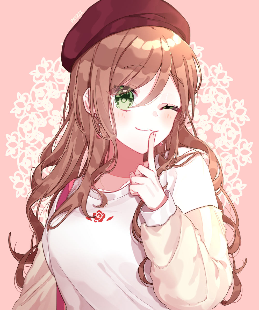 ;3 artist_name bag bang_dream! beret blush brown_hair commentary earrings eyebrows_visible_through_hair finger_to_mouth floral_print green_eyes hair_between_eyes hat highres imai_lisa index_finger_raised jewelry long_hair long_sleeves looking_at_viewer patzzi pink_background red_hat rose_print shoulder_bag solo upper_body wavy_hair