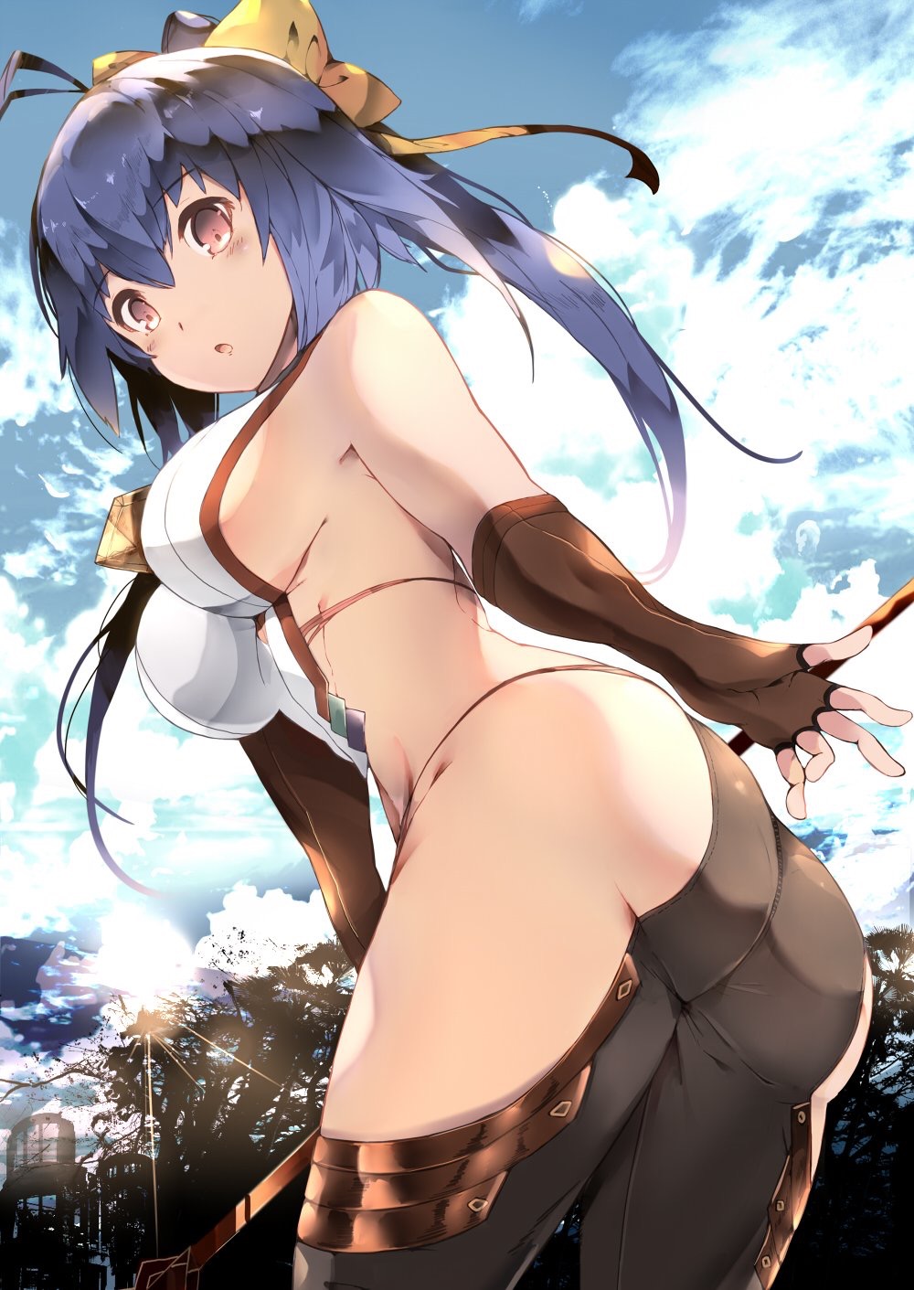 :o antenna_hair ass backless_outfit bangs bare_shoulders blazblue blazblue_remix_heart blazblue_variable_heart blue_hair blue_sky blush bow breasts brown_eyes brown_gloves brown_pants cloud cloudy_sky commentary_request day elbow_gloves eyebrows_visible_through_hair fingerless_gloves gloves hair_between_eyes hair_bow highres large_breasts leaning_forward long_hair looking_at_viewer looking_back mai_natsume outdoors pants parted_lips sideboob sky solo sunlight tree twintails venomrobo yellow_bow