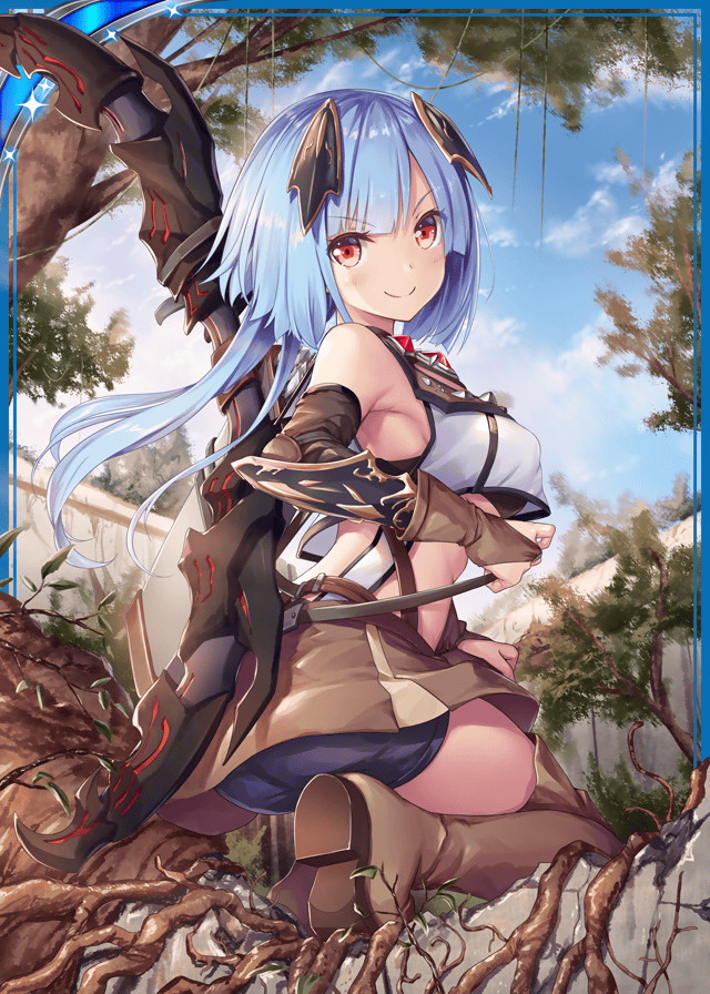 &gt;:) akkijin armpits ass bare_shoulders bike_shorts blue_hair blue_sky boots bow_(weapon) breasts card_(medium) cleavage day hair_ornament large_breasts official_art outdoors red_eyes seiza shinkai_no_valkyrie short_hair shorts sitting sky soles tree underwear weapon