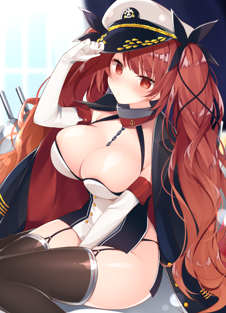 adjusting_clothes adjusting_hat azur_lane big_hair black_legwear blush breasts chain_between_breasts collar elbow_gloves garter_straps gloves hair_tie hat honolulu_(azur_lane) jacket_on_shoulders large_breasts metal_collar miko_92 military_jacket peaked_cap red_eyes red_hair rigging shiny shiny_clothes sitting skindentation smile solo thighhighs thong turret twintails two-tone_dress white_gloves white_hat