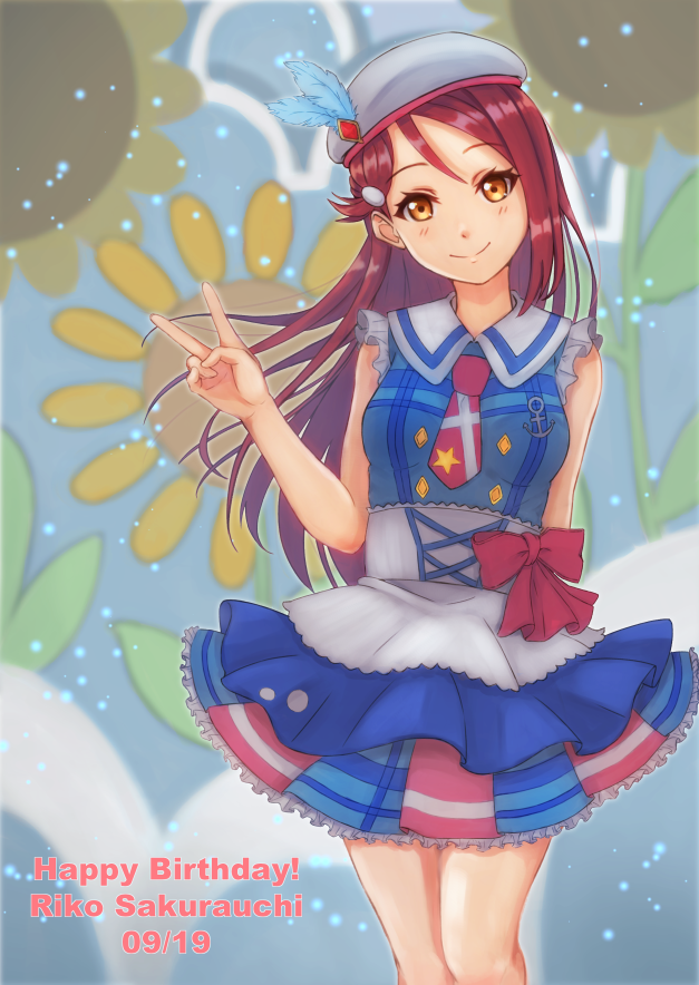 anchor bangs birthday blue_feathers bow breasts character_name commentary_request cross-laced_clothes dated dress english feathers floral_background flower happy_birthday hat hat_feather head_tilt kimi_no_kokoro_wa_kagayaiteru_kai? light_particles long_hair looking_at_viewer love_live! love_live!_sunshine!! macken necktie red_bow red_hair red_neckwear sakurauchi_riko shiny shiny_hair short_dress single_sidelock sleeveless sleeveless_dress small_breasts smile solo sunflower v white_hat yellow_eyes