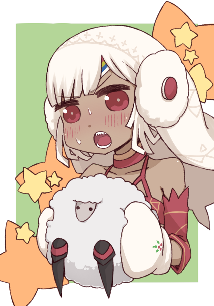 altera_(fate) altera_the_santa animal bangs bare_shoulders blush choker collarbone comic_lo commentary_request dark_skin detached_sleeves earmuffs eyebrows_visible_through_hair fate/grand_order fate_(series) gloves headdress holding holding_animal i.u.y open_mouth red_eyes sheep short_hair star sweatdrop teeth upper_body veil white_gloves white_hair