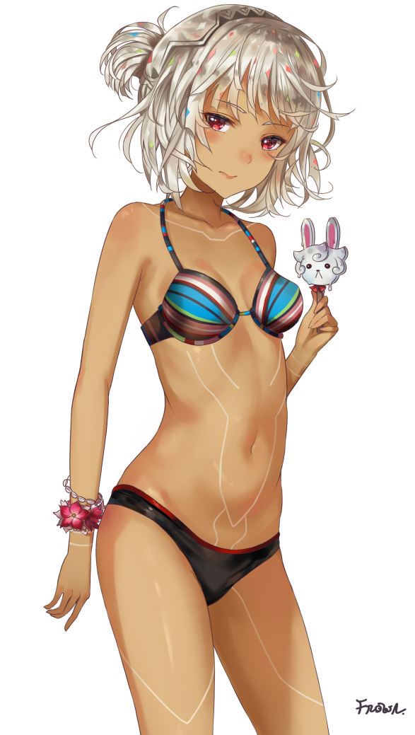 altera_(fate) alternate_costume bangs bare_arms bare_legs bare_shoulders bikini black_bikini_bottom blunt_bangs bracelet breasts closed_mouth collarbone commentary dark_skin eyebrows_visible_through_hair fate/grand_order fate_(series) flower fou_(fate/grand_order) frown_(wonderland85711) full_body_tattoo headdress jewelry leg_tattoo legs looking_at_viewer navel red_eyes shiny shiny_skin short_hair silver_hair simple_background small_breasts solo standing stomach_tattoo swimsuit symbol_commentary tan tattoo thighs tied_hair white_background