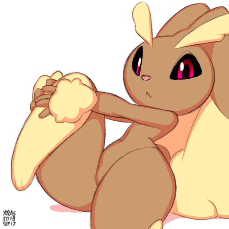 anthro big_ears big_eyes black_sclera brown_fur female flat_chested floppy_ears fur huge_ears lagomorph long_ears looking_at_viewer lopunny low-angle_view mammal multicolored_fur navel nintendo nude pink_eyes pink_nose pok&eacute;mon pok&eacute;mon_(species) short_tail simple_background thick_thighs two_tone_fur video_games white_background wide_hips xylas