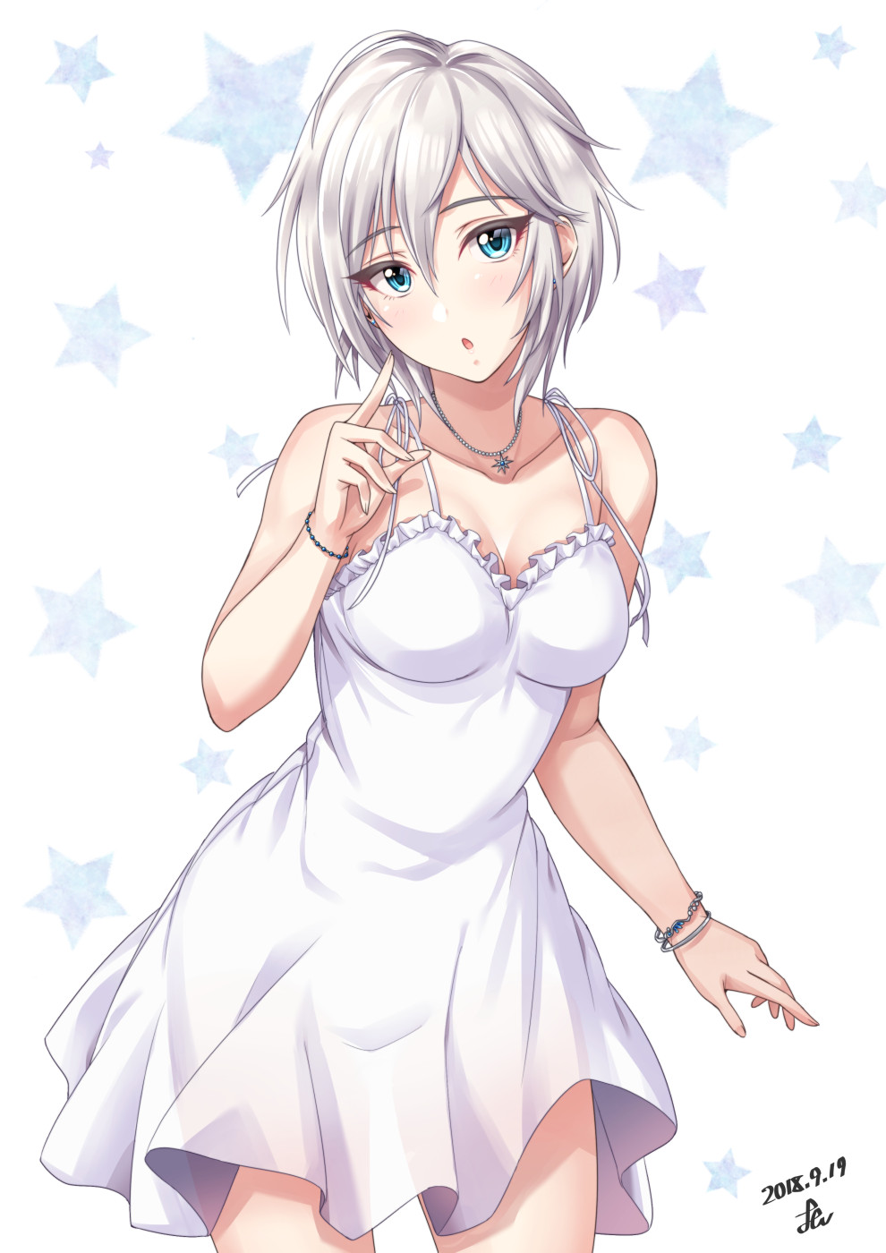anastasia_(idolmaster) bangs bare_shoulders blue_eyes blush bracelet breasts cleavage collarbone commentary_request dated dress eyelashes hair_between_eyes highres idolmaster idolmaster_cinderella_girls jewelry looking_at_viewer medium_breasts necklace open_mouth short_hair silver_hair solo star starry_background thighs white_background white_dress yoohi