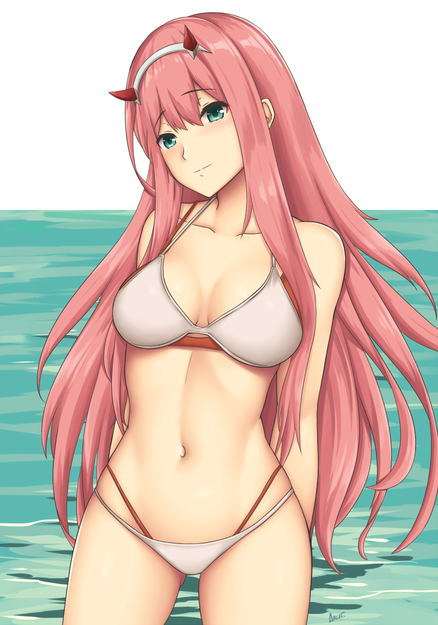 aqua_eyes arciealbano arms_behind_back ass_visible_through_thighs bangs bare_shoulders bikini blush breasts cleavage closed_mouth collarbone cowboy_shot darling_in_the_franxx eyebrows_visible_through_hair grey_hairband hair_between_eyes hairband head_tilt highres horns long_hair medium_breasts multi-strapped_bikini navel ocean pink_hair sidelocks signature smile solo stomach straight_hair swimsuit thighs very_long_hair water white_background white_bikini zero_two_(darling_in_the_franxx)