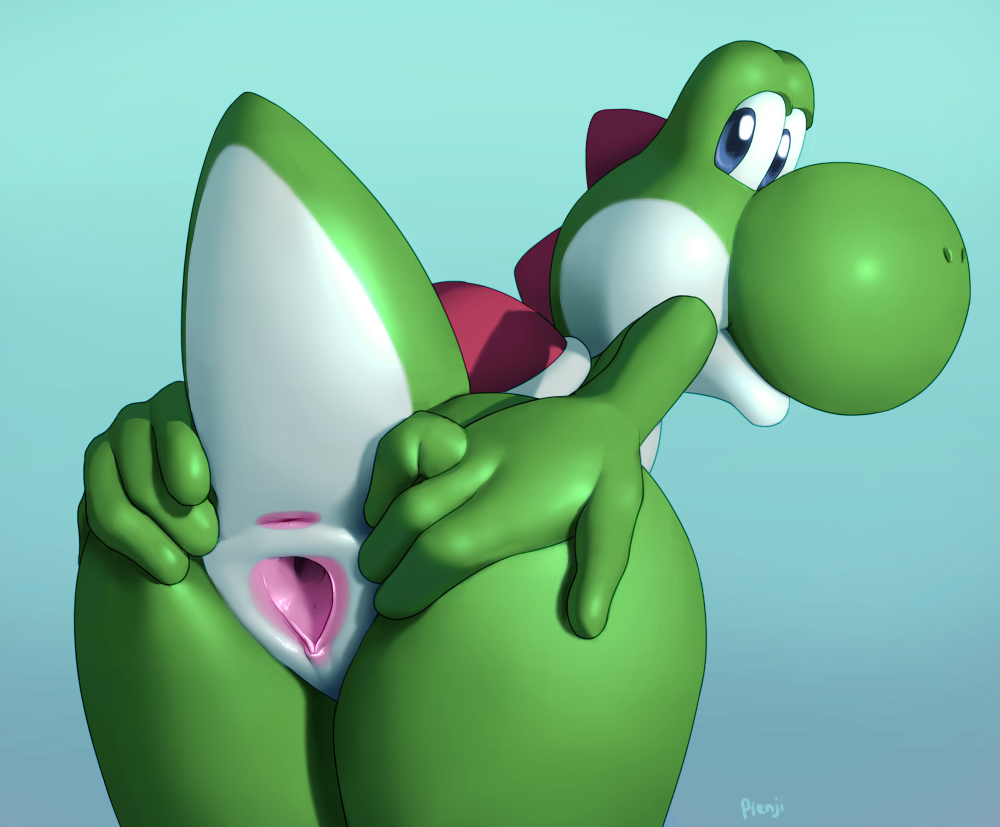 anthro anus blue_eyes butt dinosaur dragon edit female green_skin green_yoshi looking_at_viewer looking_back mario_bros nintendo nude pienji presenting presenting_pussy pussy reptile scalie simple_background solo spread_pussy spreading video_games yoshi