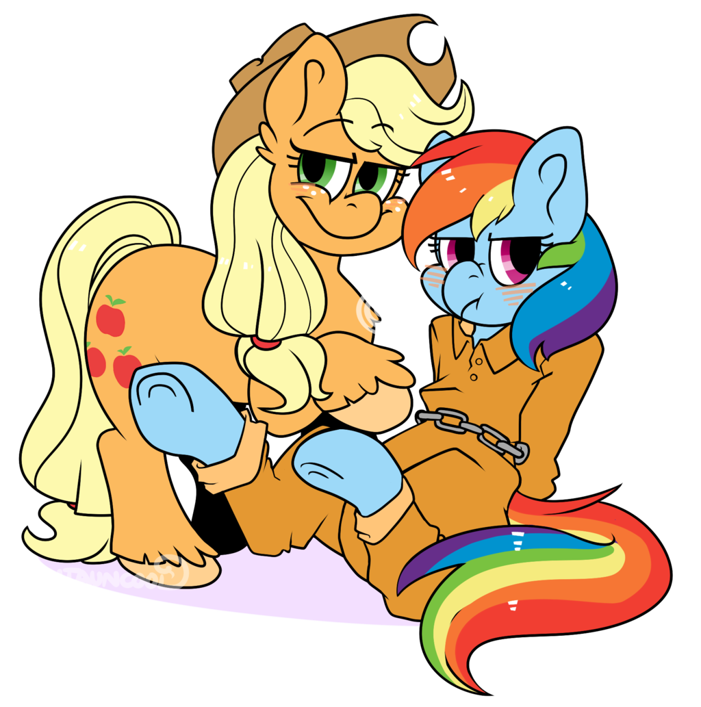 alpha_channel applejack_(mlp) bound clothed clothed_feral clothing equine female feral friendship_is_magic fully_clothed hair jumpsuit mammal my_little_pony pegasus prison_uniform prisoner rainbow_dash_(mlp) simple_background smile tentauncool transparent_background wings