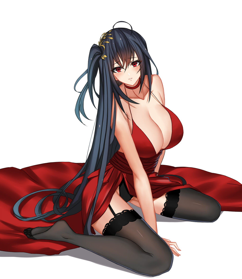 ahoge alternate_costume arm_support azur_lane bangs bare_shoulders black_hair black_legwear black_panties blush breasts choker cleavage cocktail_dress collarbone commentary dress eyebrows_visible_through_hair garter_straps groin hair_between_eyes hair_ornament head_tilt huge_breasts lace-trimmed_legwear long_hair looking_at_viewer no_shoes open_mouth panties red_choker red_dress red_eyes roi_(liu_tian) sidelocks simple_background sitting smile solo taihou_(azur_lane) thighs underwear very_long_hair wariza white_background