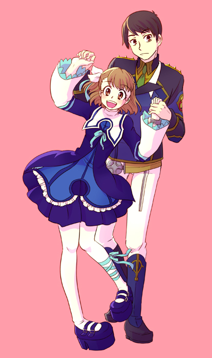 1girl :d aoshima_(aosm) arm_up blue_dress blue_footwear boots breasts brother_and_sister brown_eyes brown_hair closed_mouth commentary_request contrapposto dress eyebrows_visible_through_hair hair_ornament hand_up head_tilt high_heels holding_hands knees_together_feet_apart kresnik_ahtreide leg_ribbon long_sleeves looking_at_viewer medium_hair open_mouth pants pantyhose pigeon-toed pink_background platform_footwear ribbon shoes short_hair siblings side_ponytail simple_background smile standing standing_on_one_leg white_legwear white_pants wild_arms wild_arms_4 yulie_ahtreide