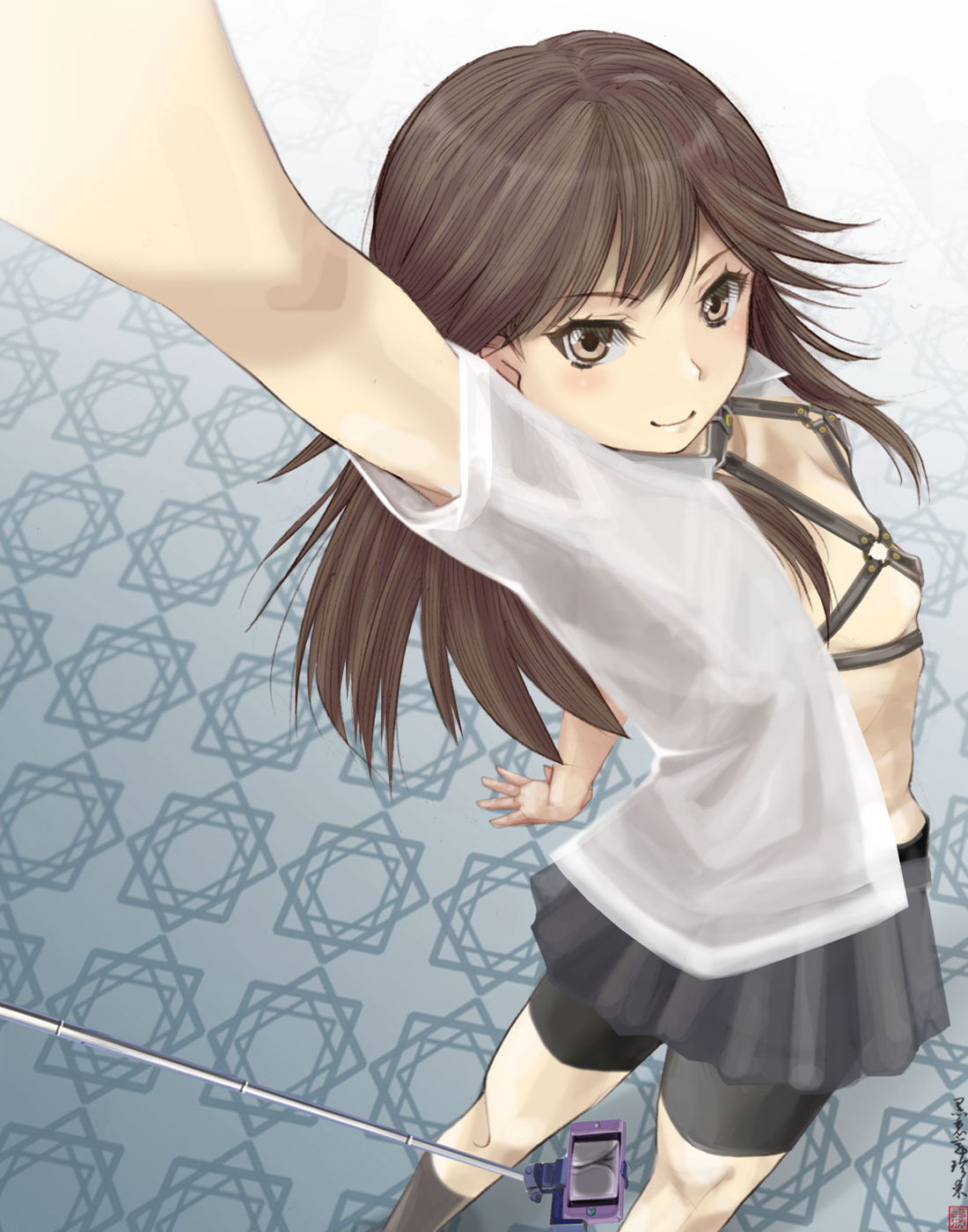 arashio_(kantai_collection) arm_up bangs bike_shorts black_legwear black_shorts breasts brown_eyes brown_hair cellphone closed_mouth commentary_request covered_nipples eyebrows_visible_through_hair eyelashes from_behind grey_skirt highres kantai_collection kurorichin long_hair looking_at_viewer looking_back miniskirt o-ring open_clothes open_shirt outstretched_arm panties phone pleated_skirt self_shot selfie_stick shirt short_sleeves shorts shorts_under_skirt skirt small_breasts smartphone smartphone_case smile solo standing twisted_torso underwear upskirt white_shirt