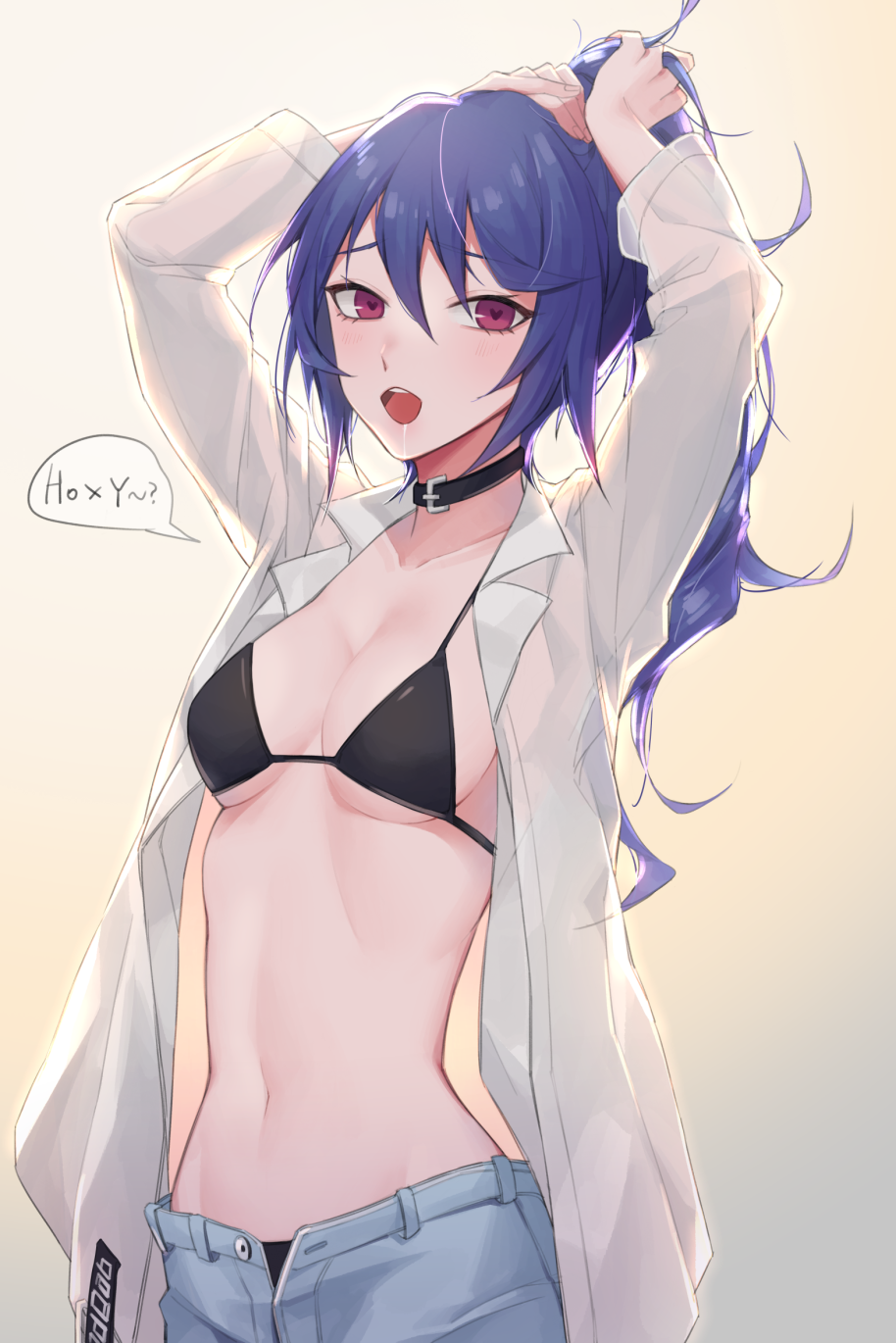 bikini_top black_bikini_top blue_hair breasts choker collar collarbone drooling from_side girls_frontline hair_between_eyes heart heart-shaped_pupils highres k11_(girls_frontline) looking_at_viewer open_mouth purple_eyes qb_516 shirt simple_background solo speech_bubble stomach symbol-shaped_pupils tying_hair unbuttoned unbuttoned_pants unbuttoned_shirt white_background white_shirt