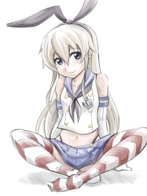 anchor_hair_ornament animal_ears blonde_hair bunny_ears commentary_request elbow_gloves fake_animal_ears full_body gloves grey_eyes hair_between_eyes hair_ornament hairband inoue_kousei kantai_collection long_hair looking_back midriff navel neckerchief pleated_skirt school_uniform serafuku shadow shimakaze_(kantai_collection) shirt sidelocks sitting skirt sleeveless sleeveless_shirt smile solo striped striped_legwear thighhighs white_background