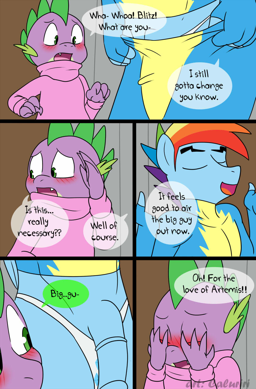 animal_genitalia animal_penis anthro blush bulge caluriri clothed clothing comic crossgender dragon duo english_text equine equine_penis female friendship_is_magic green_eyes horse looking_back male mammal my_little_pony open_mouth penis pony rainbow_dash_(mlp) skinsuit smile spike_(mlp) sweater text tight_clothing underwear undressing