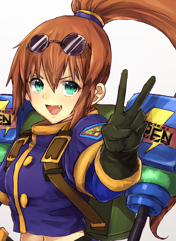 :d blue_shirt breasts brown_hair commentary_request crop_top eyewear_on_head gloves green_eyes hair_between_eyes jacket long_hair looking_at_viewer mechanical_arm murata_tefu navel open_mouth ponytail precis_neumann shirt simple_background smile solo star_ocean star_ocean_the_second_story v