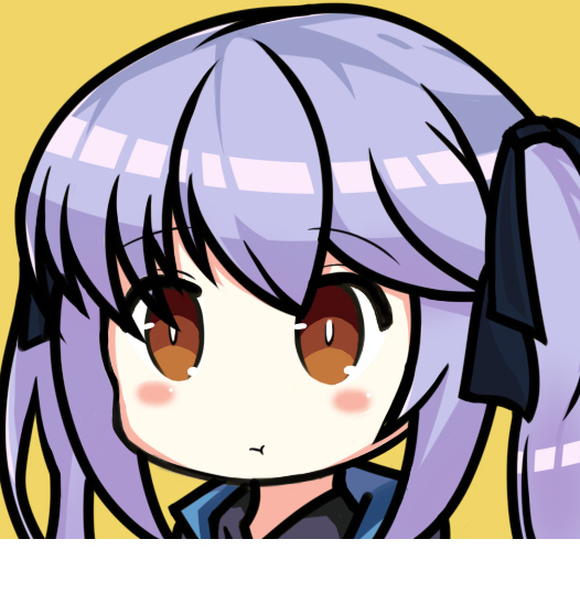 :t azur_lane bangs black_ribbon blush brown_eyes closed_mouth commentary_request essex_(azur_lane) eyebrows_visible_through_hair hair_between_eyes hair_ribbon long_hair nagato-chan portrait pout purple_hair ribbon sidelocks simple_background solo twintails yellow_background